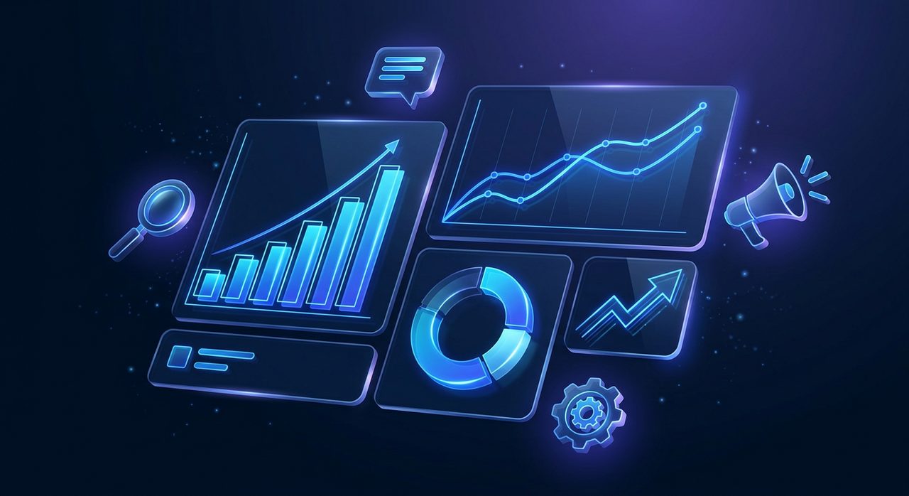 Illustration of a digital marketing analytics dashboard with growth charts, SEO and advertising icons
