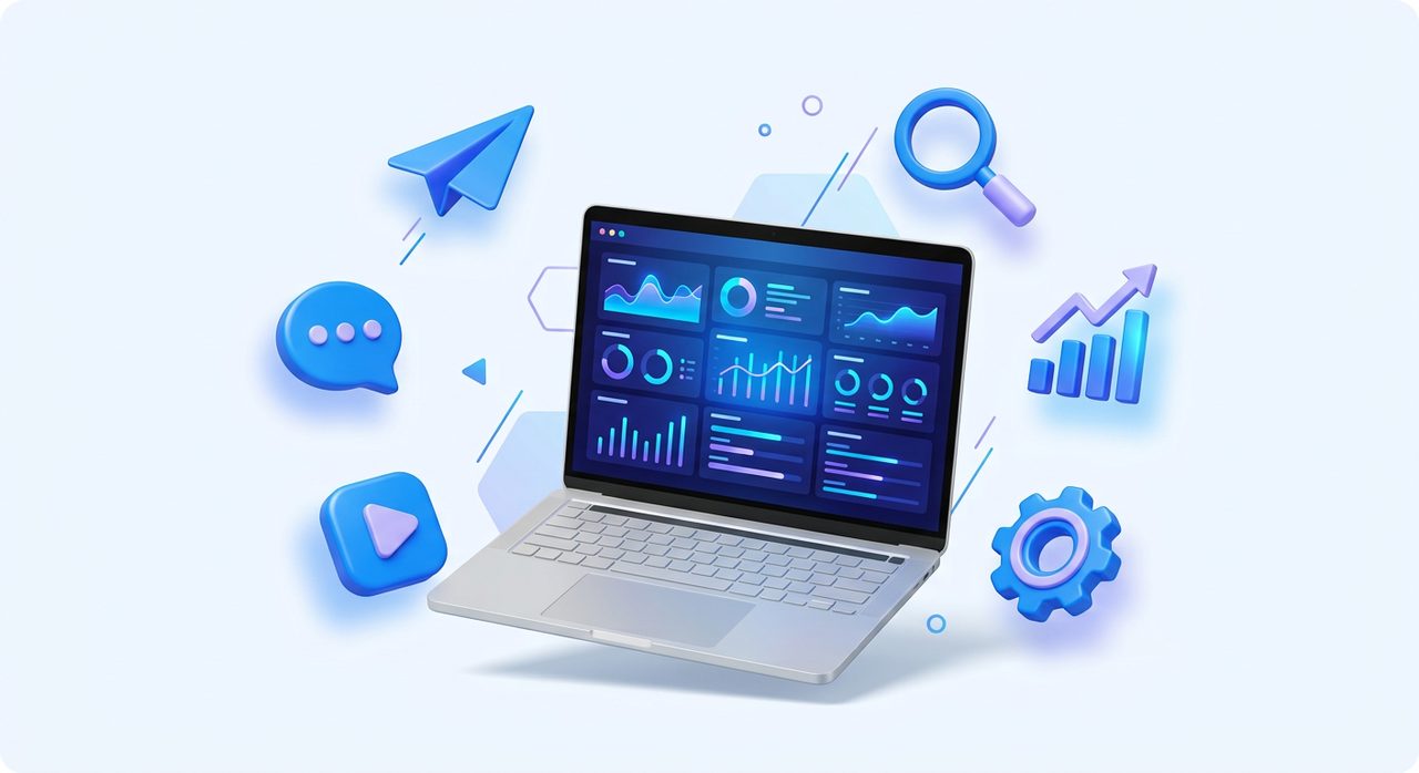 Illustration of online learning on a laptop surrounded by digital marketing icons such as search, charts and messaging